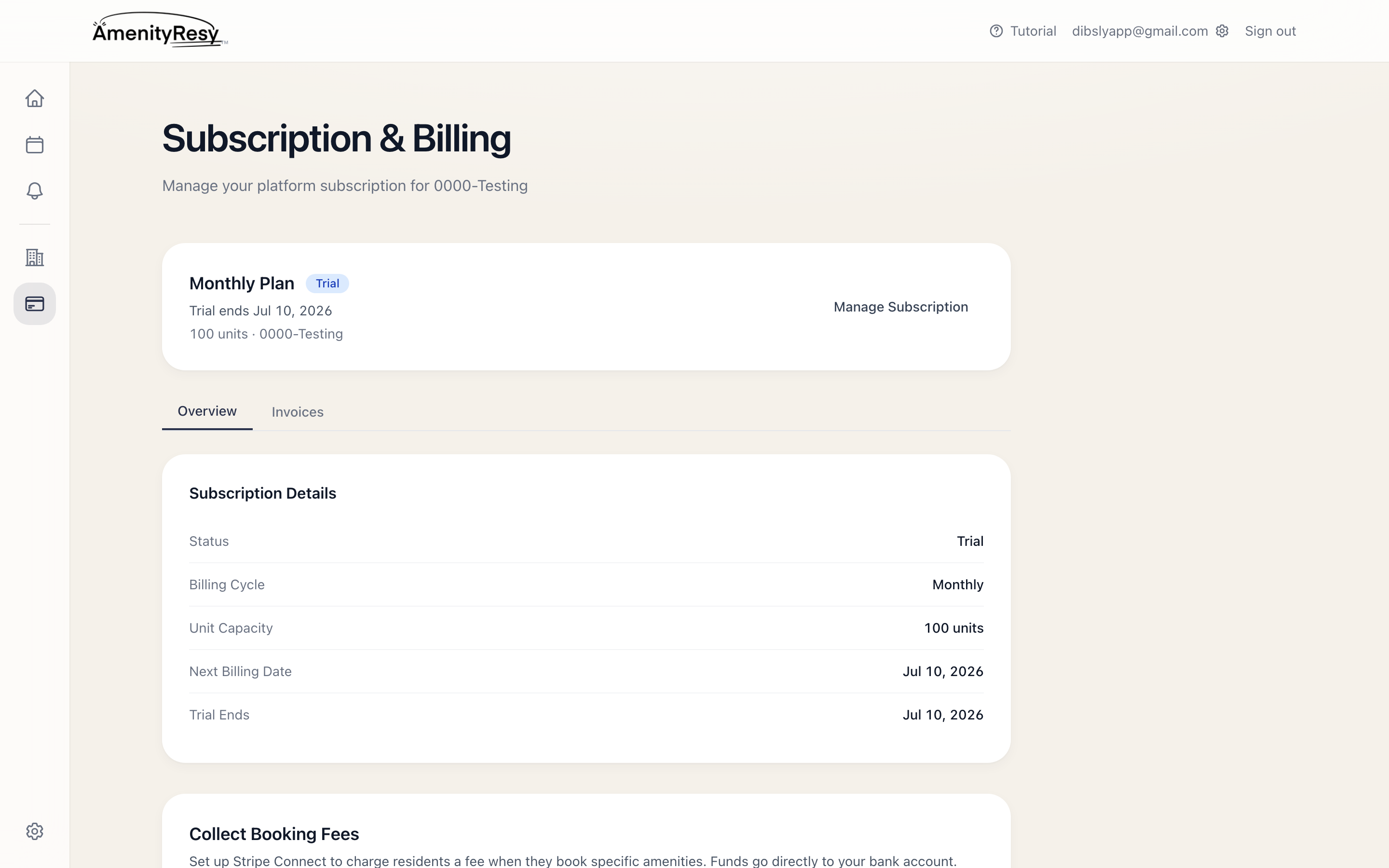 Subscription and billing screen in the AmenityResy admin