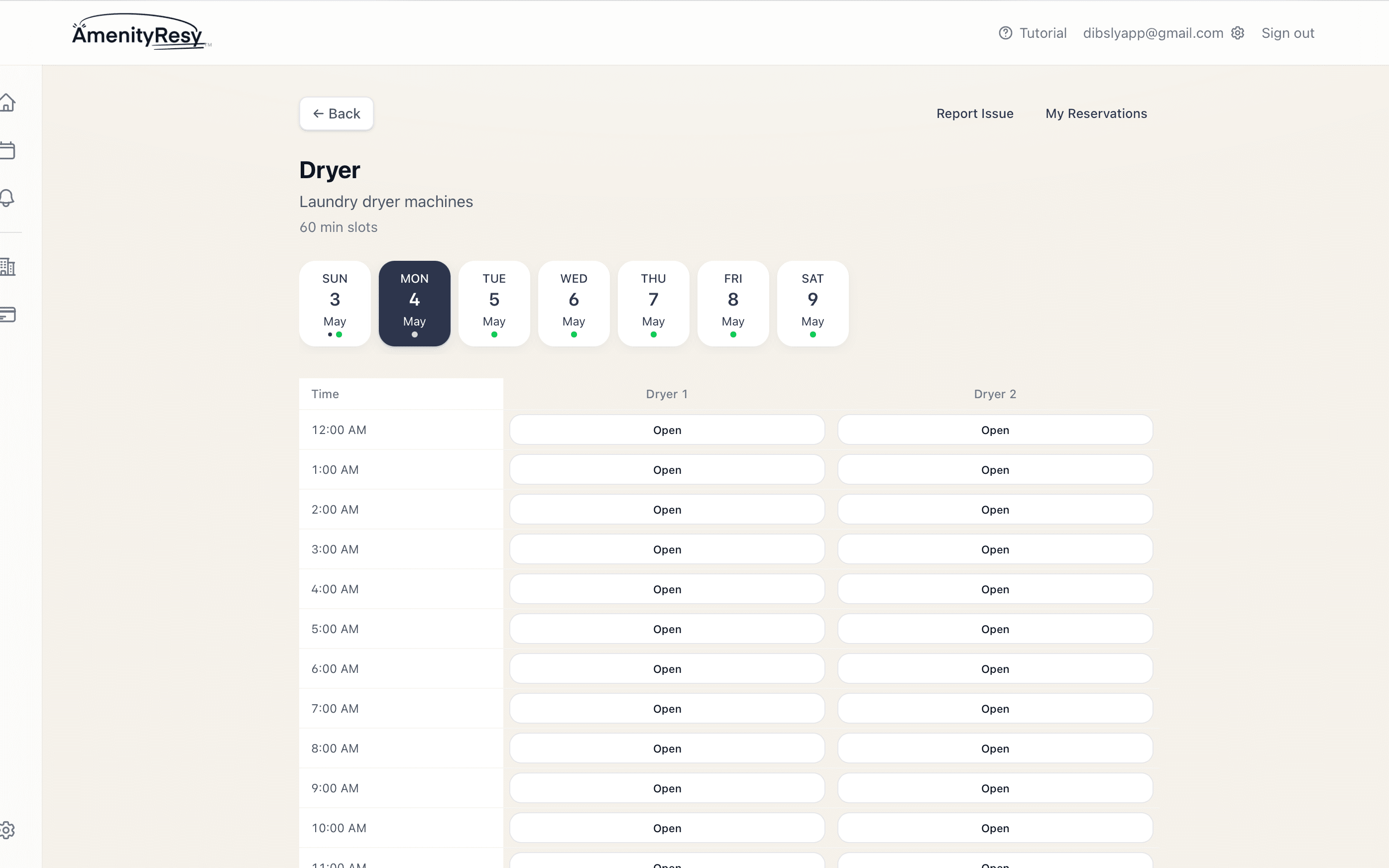 AmenityResy resident booking screen